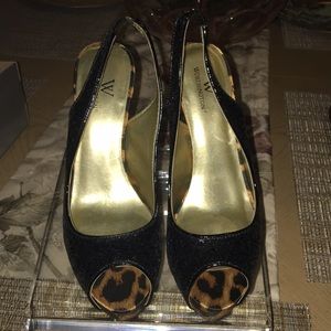 Black/leopard sequins sling back peep toe heels.